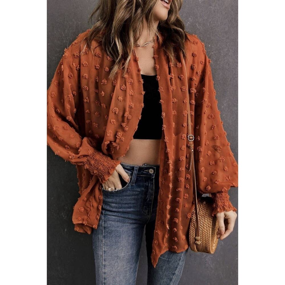 Anna-Kaci Rust Swiss Dot Sheer Chiffon Kimono Cardigan Shrug Sz M Boho Festival